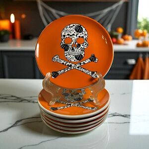 Halloween Skull Crossbones Stoneware Snack Dessert Plate 6” Set Of 6 Signature